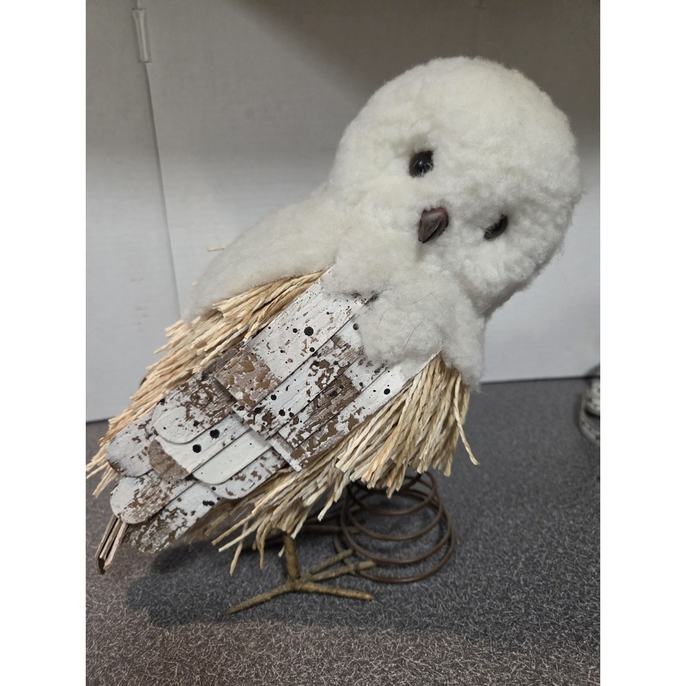 Pottery Barn Snowy Owl Christmas Tree Topper Rustic Wood Wings Spring Base 10.5"
